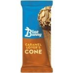 Blue Bunny caramel cone bar in tan and blue packaging