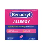 Benadryl Allergy tablets box in pink and purple packaging