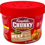 Campbell’s Chunky Beef with Country Vegetables soup in red microwavable bowl