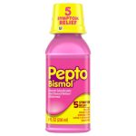 Pepto Bismol pink liquid bottle for stomach relief