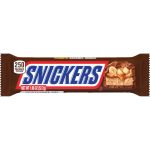 Snickers chocolate bar with nougat, caramel, and peanuts in brown wrapper