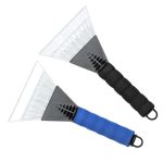 Two plastic ice scrapers with rubber grips, black and blue handles