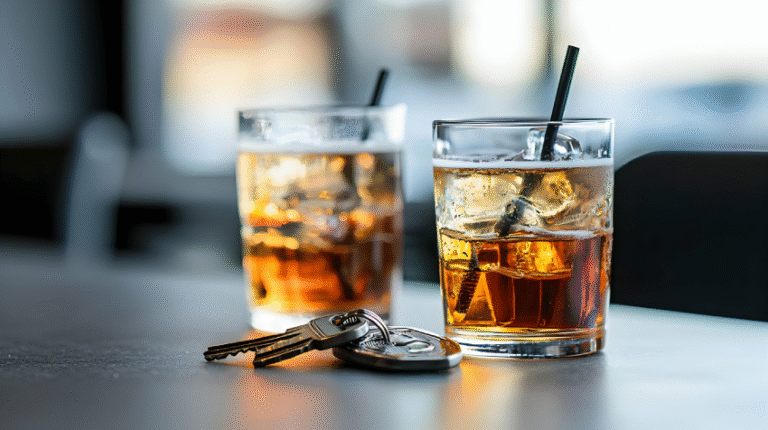 Two alcoholic drinks beside car keys on a bar counter, referencing Colorado liquor laws.
